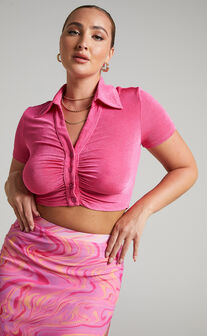 Dolly Button Up Slinky Short Sleeve Crop Top in Hot Pink