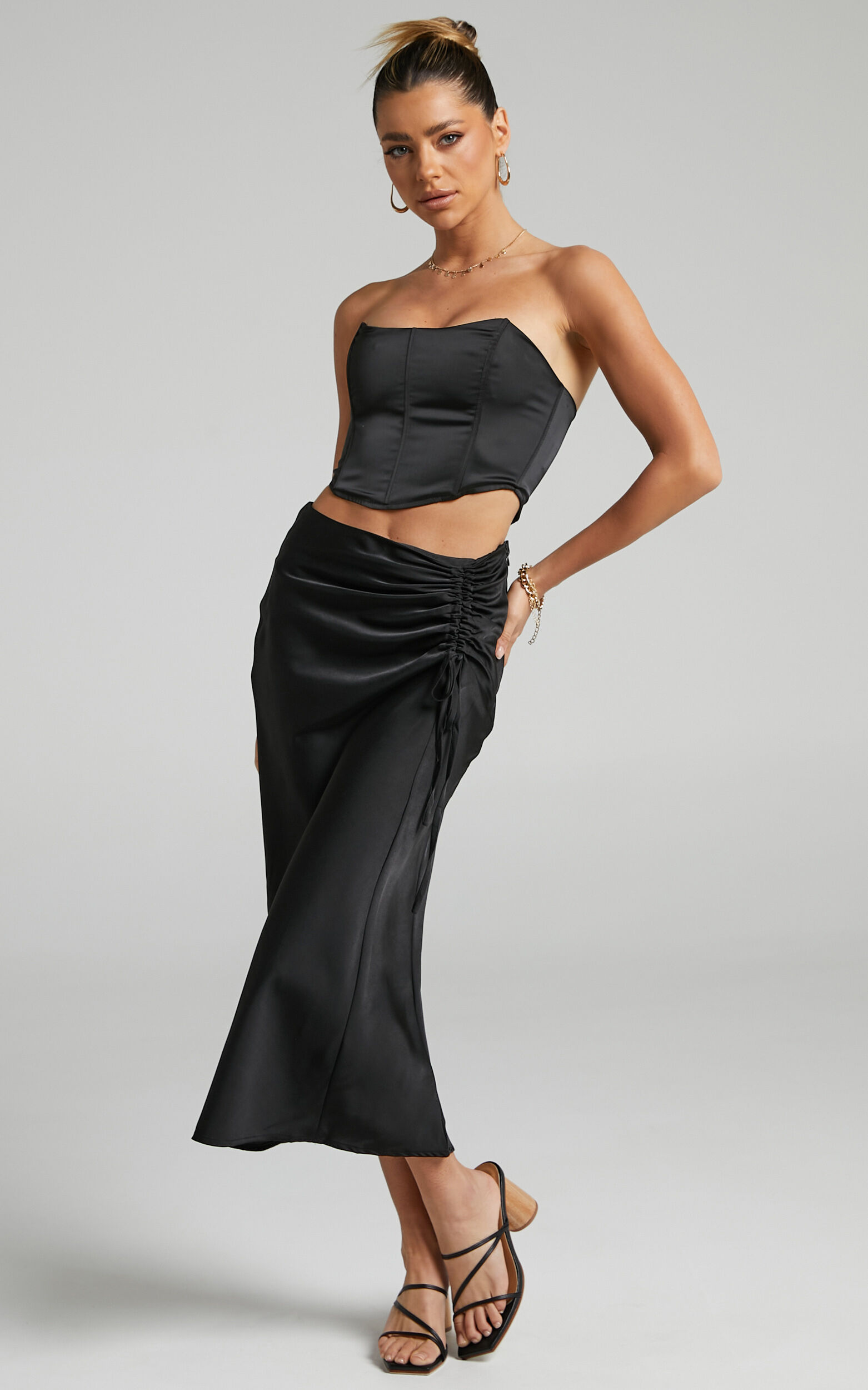 Zaylin Midi Skirt - Ruched Side Satin Slip Skirt in Black - 04, BLK3, super-hi-res image number null