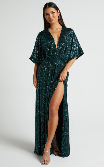 Miyah Maxi Dress - Plunge Short Sleeve A Line Maxi in Emerald
