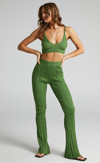 Farhana Knit Bralette Top and Bell Bottom Pants Two Piece Set in Olive
