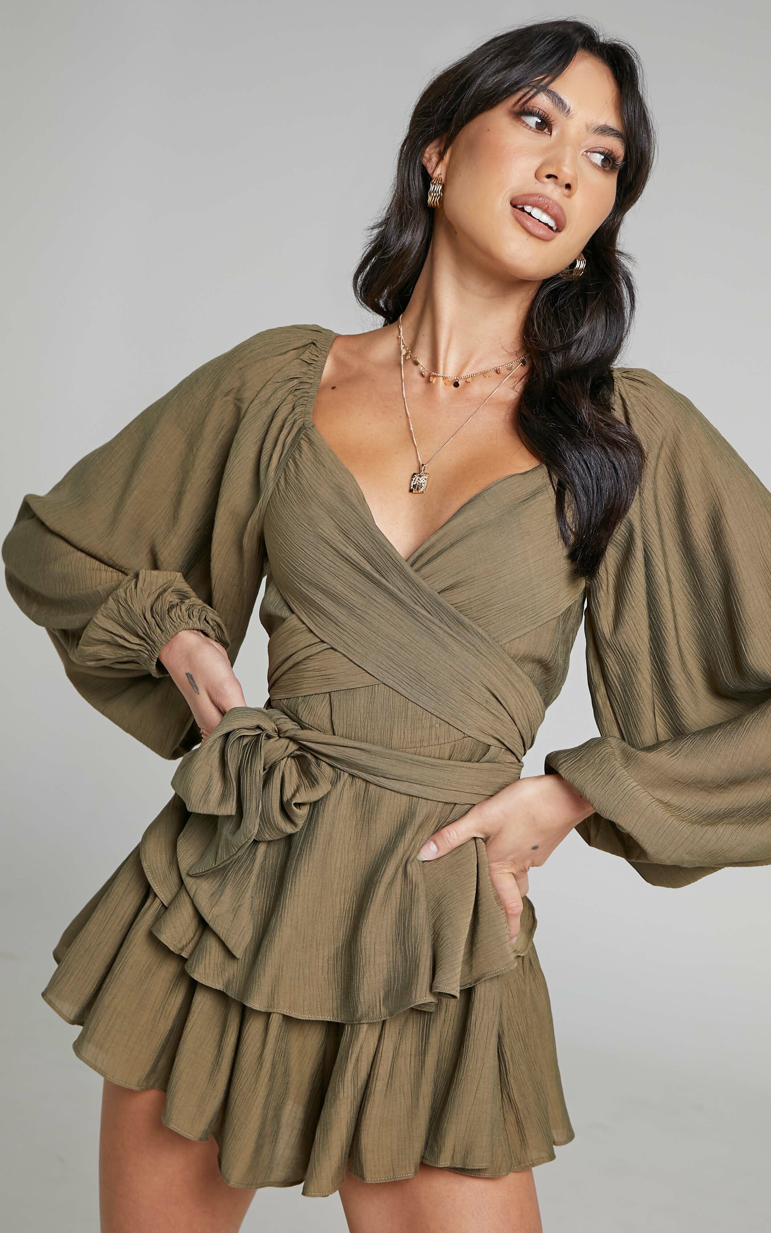 Florice Wrap Front Frill Playsuit in Khaki - 04, GRN6, super-hi-res image number null