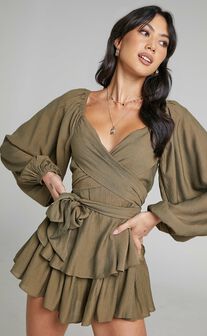 Florice Wrap Front Frill Playsuit in Khaki