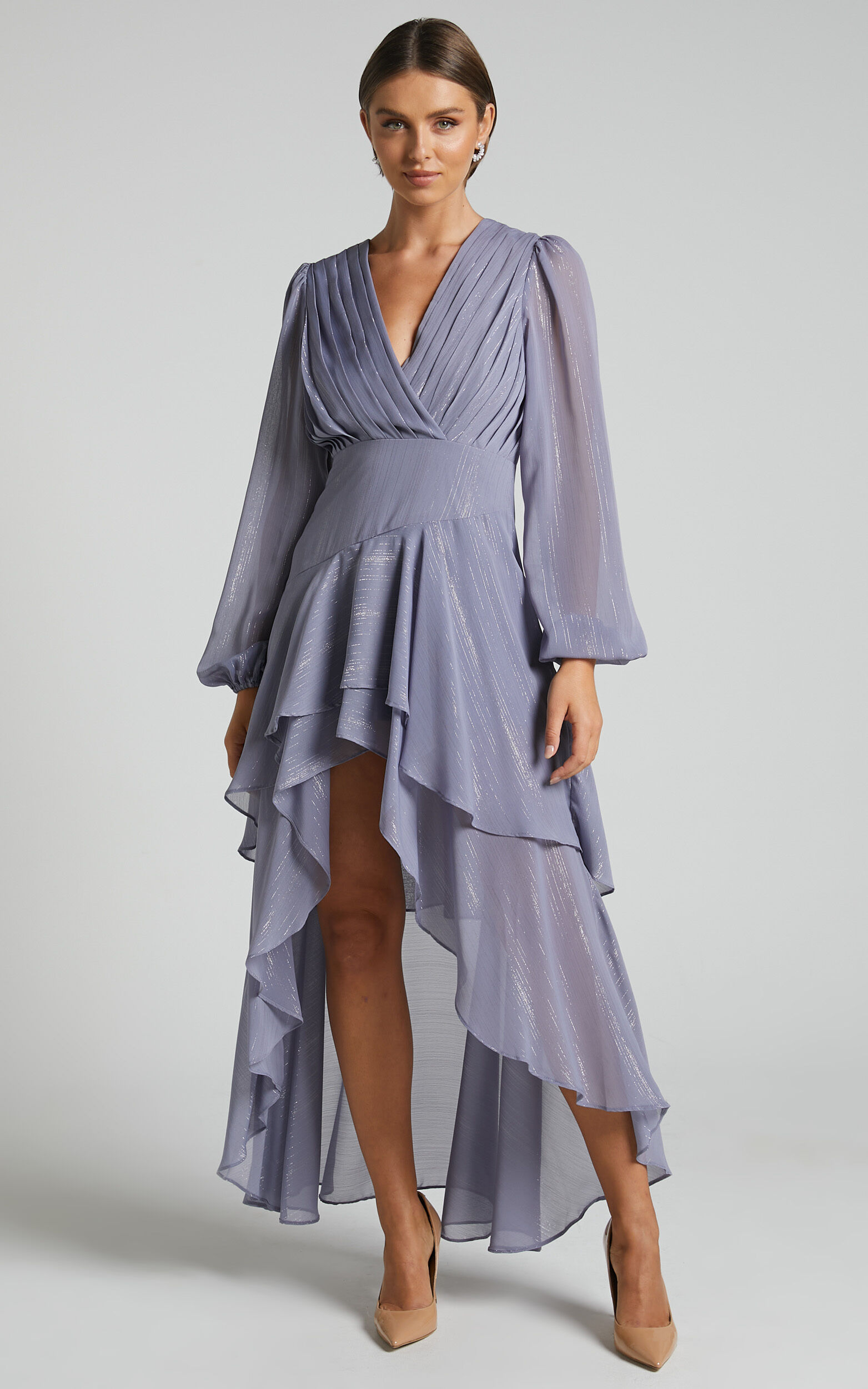 Claudita Maxi Dress - Long Sleeve High Low Hem Dress in Steel Blue - 04, BLU2, super-hi-res image number null