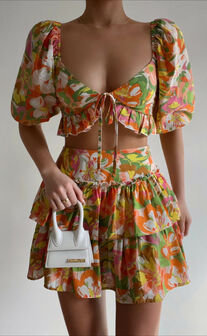 Taurina Tie Front Crop Top and Frill Tiered Mini Skirt Two Piece Set in Candid Floral