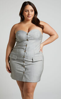 Maryanne Mini Dress - Button Down Corset Strapless Dress in Grey Stripe