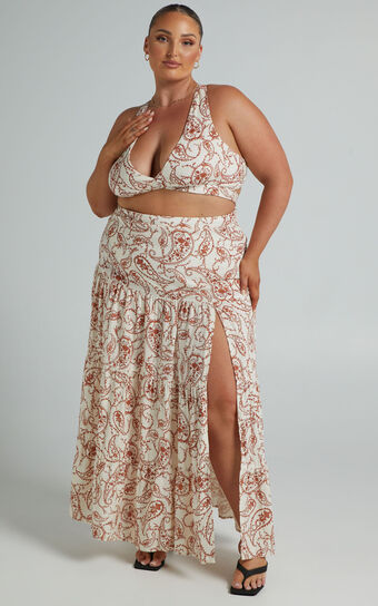 Delima two piece top and skirt set in Chocolate Paisley