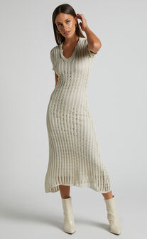 Jolie Midi Dress - Crochet Collared Short Sleeve Dress in Cream