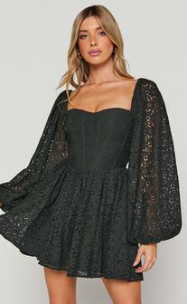 Helena Mini Dress - Long Sleeve Fit and Flare Lace Dress in Black
