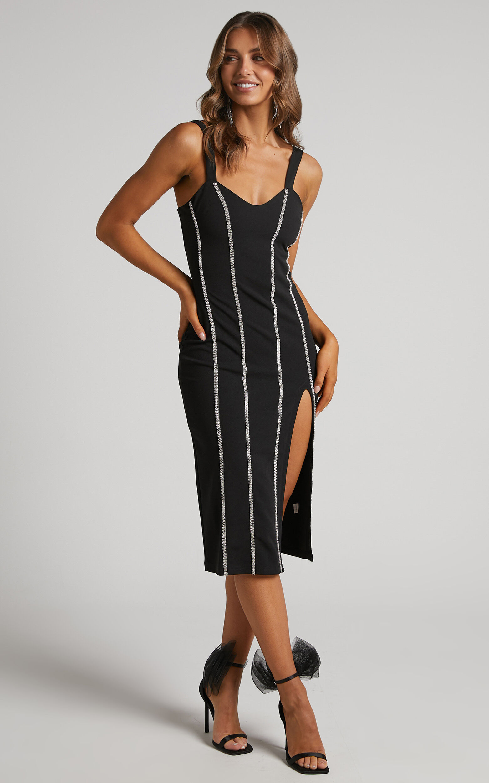 Josana Midi Dress - Diamante Trim Panelled Thigh Split Dress in Black - 04, BLK1
