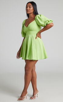 Bethiel Sweetheart Balloon Sleeve Off Shoulder Mini Dress in Lime