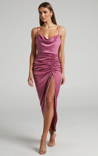 Lieselotte Midi Dress - Ruched Front Split Cowl Neck Satin Dress in MulBerry
