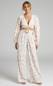 Amalie The Label - Clarette Cotton Belted High Rise Wide Leg Pant in Pink Linear Floral