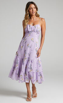 Monaco Midi Dress - Strappy Sweetheart Tiered Dress in Lavender Botanical Floral