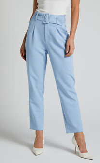 Milica Trousers - Belted High Waisted Trousers in Pastel Blue