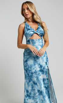 Tove Midi Dress - Twist Front Cut Out Satin Dress in Blue Tie Dye