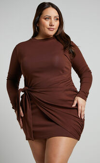 Marleen Wrap Front Long Sleeve Bodycon Mini Dress in Dark Oak
