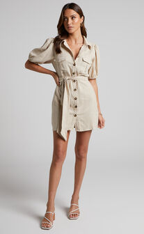 Larissa Mini Dress - Puff Sleeve Belted Button Through Shirt Dress in Oatmeal