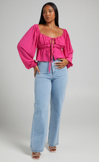 Nadine Long Sleeve Top with Ruched Bust in Hot Pink