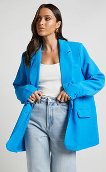 Michelle Oversized Plunge Neck Button Up Blazer in Blue