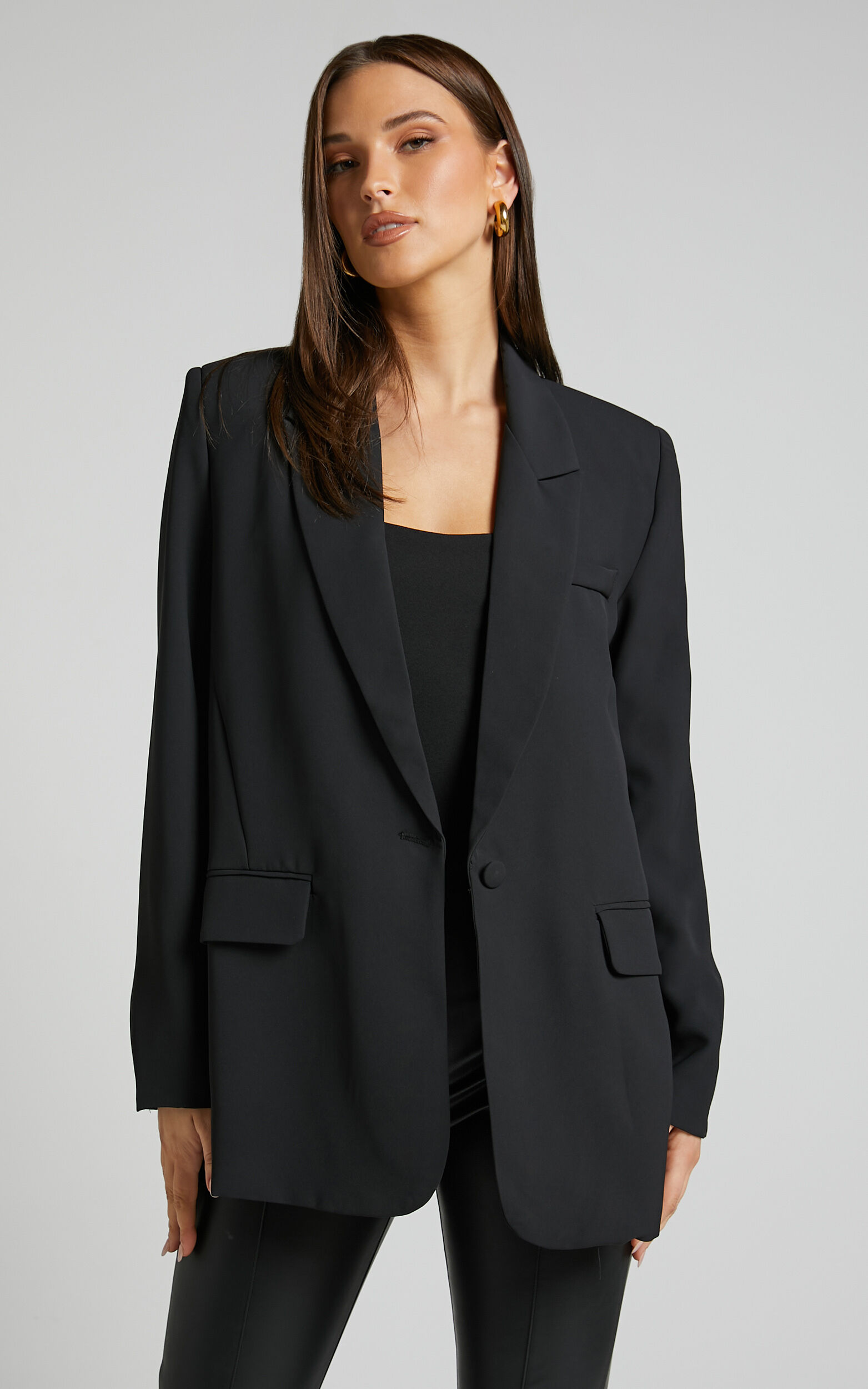 Michelle Blazer - Oversized Plunge Neck Button Up Blazer in Black | Showpo