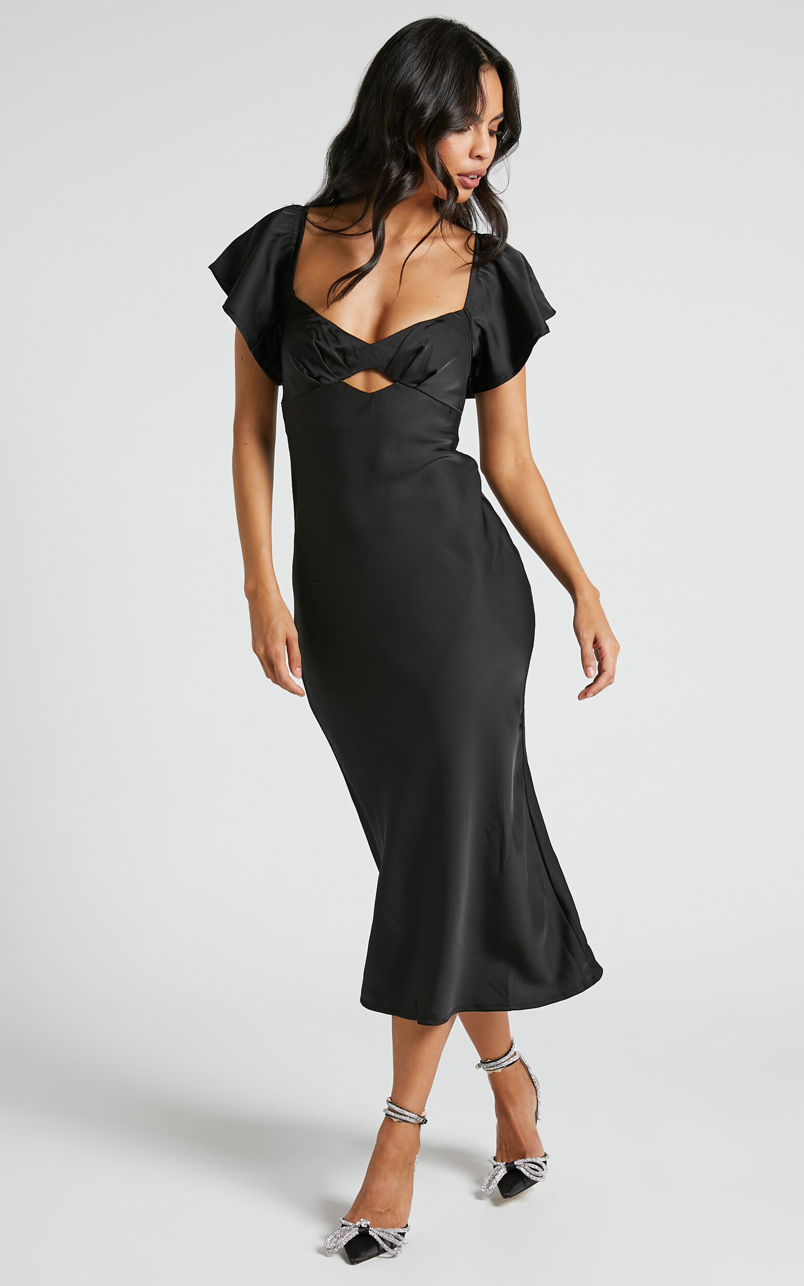 Emberlynn Midi Dress - Flutter Sleeve Cut Out Satin Dress in Black - 06, BLK1
