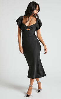 Emberlynn Midi Dress - Flutter Sleeve Cut Out Satin Dress in Black