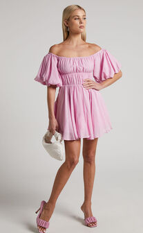 Jessra Off Shoulder Puff Sleeve Mini Dress in Pink