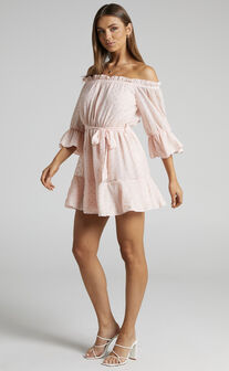 Delamaer Off Shoulder Polka Dot Mini Dress in Pink
