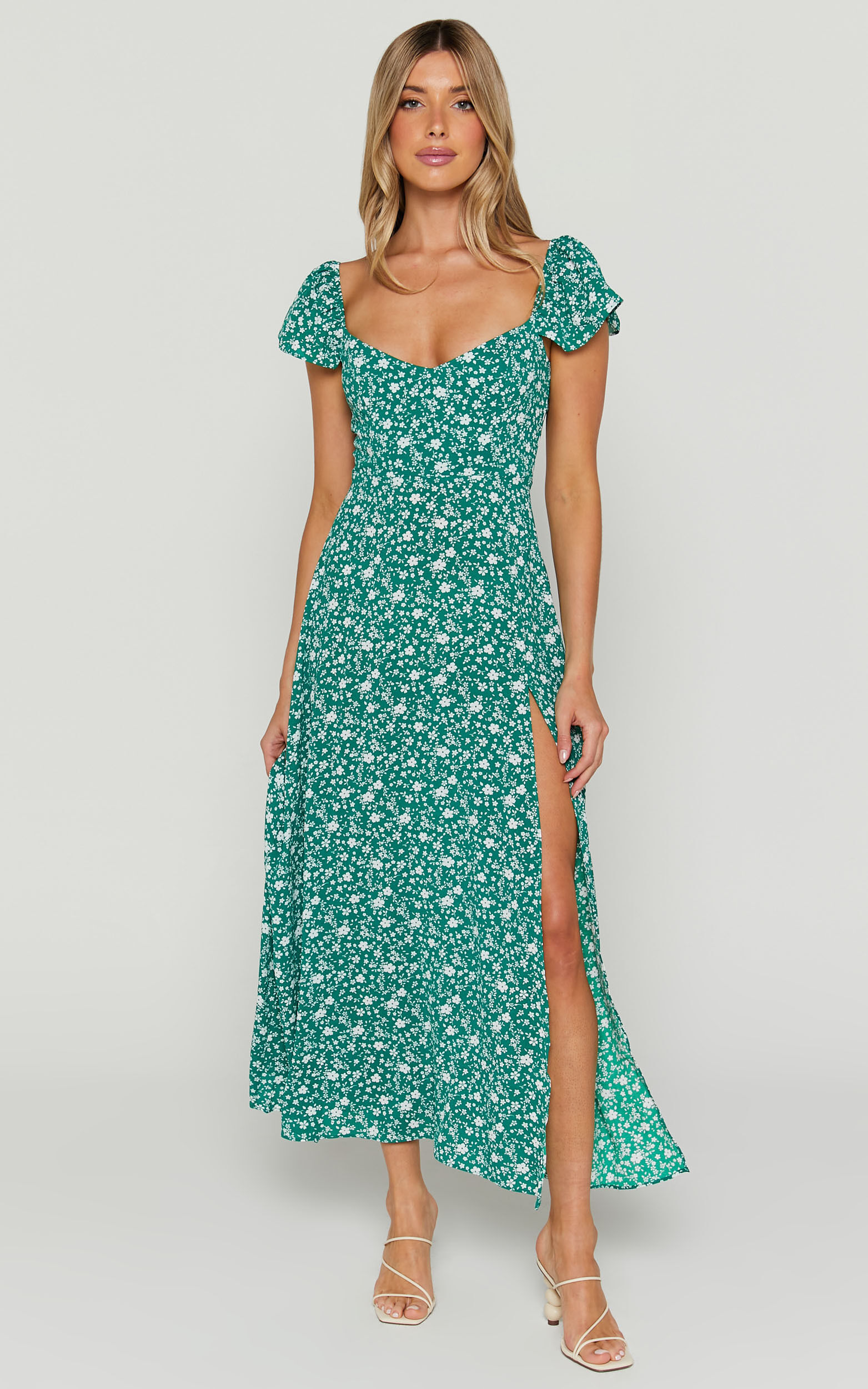 Donissa Midaxi Dress - Thigh Split Flutter Sleeve Dress in Green ...