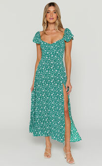 Donissa Midaxi Dress - Thigh Split Flutter Sleeve Dress in Green
