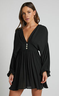 Piper Mini Dress - Long Sleeve button front in Black