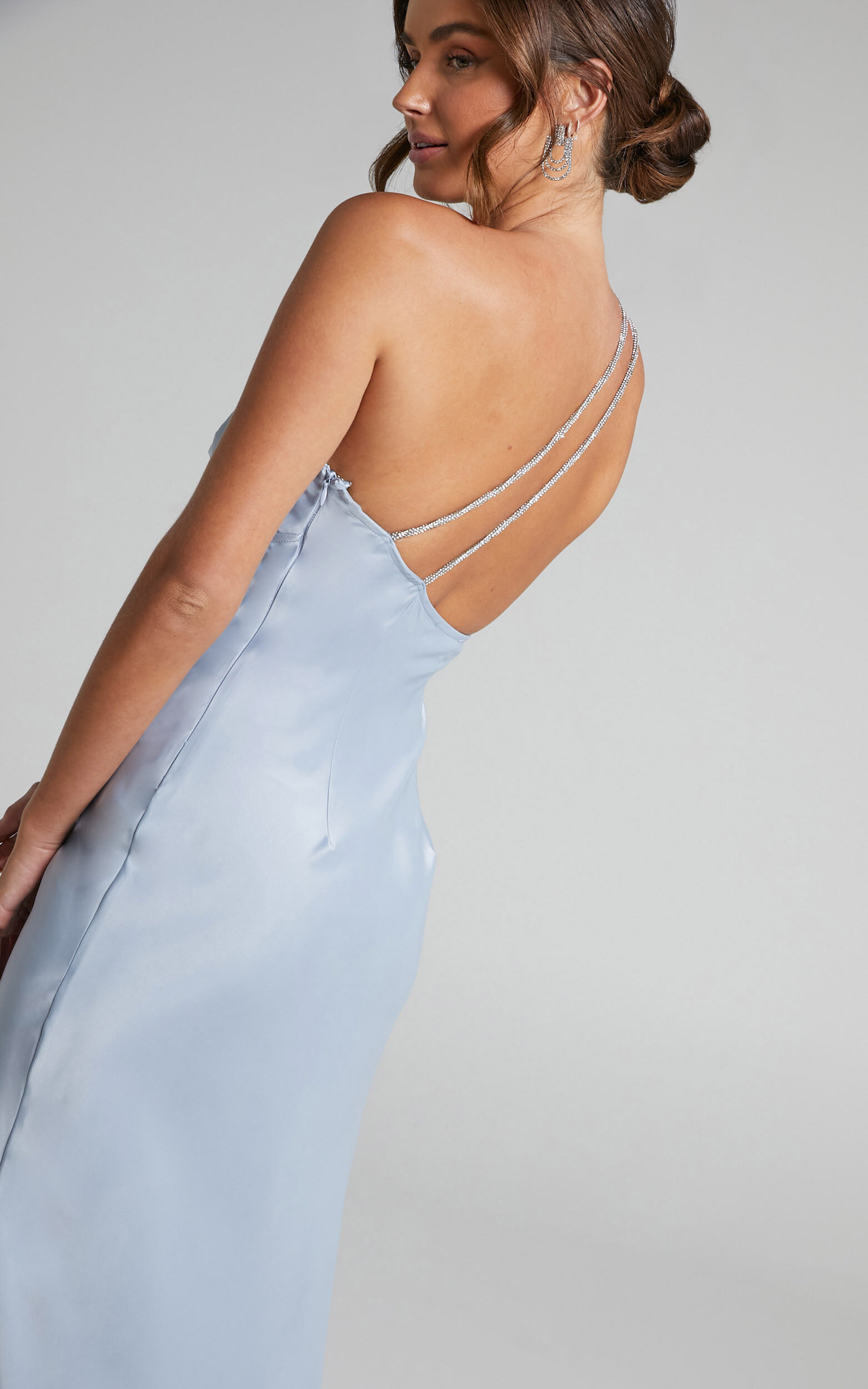 Elzales Midaxi Dress - One Shoulder Beaded Strap Satin Dress in Pale Blue - 04, BLU2