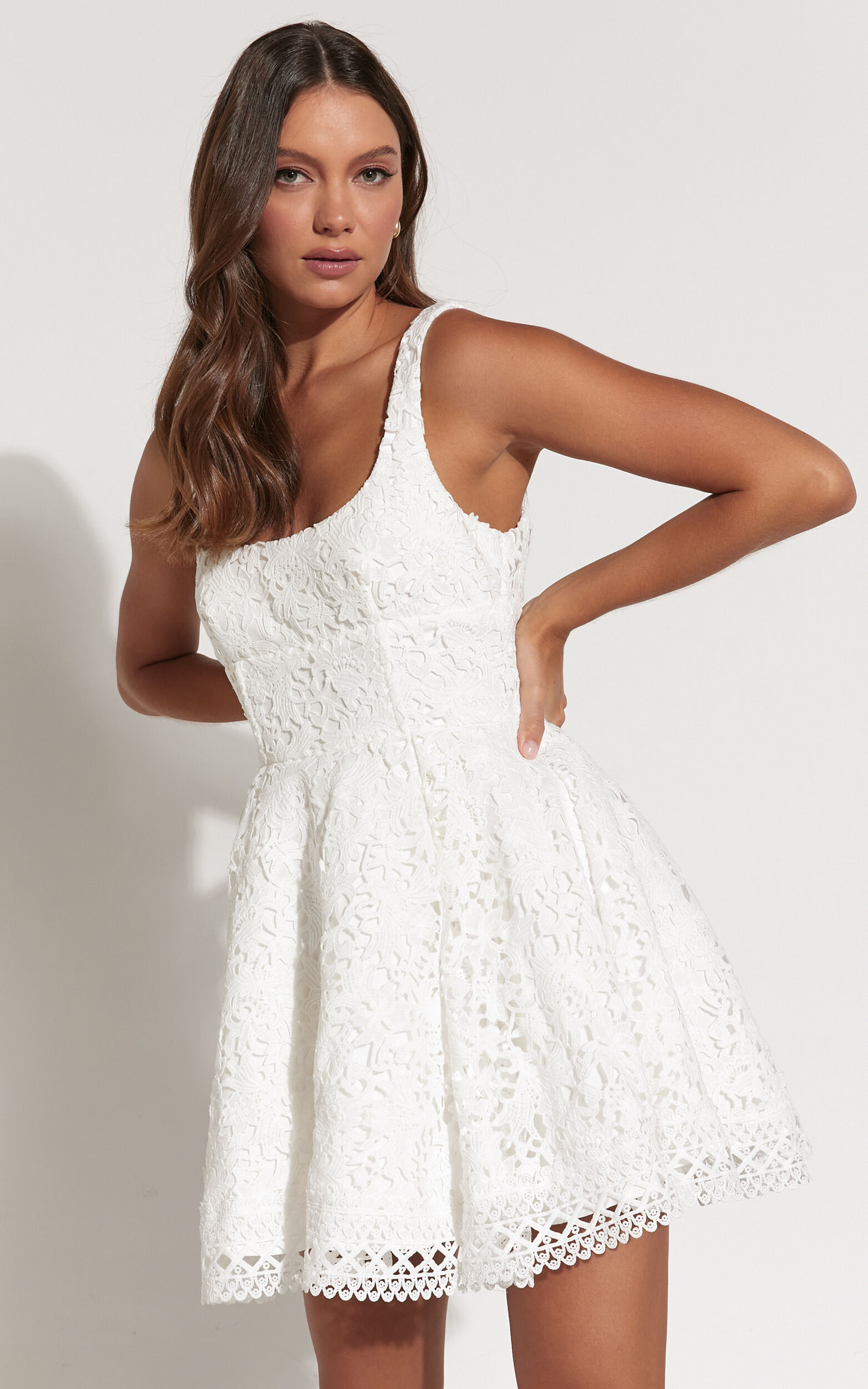 Lilia Mini Dress - Corset Scoop Neck Fit And Flare Dress in White - 06, WHT1