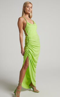 Khari Midi Dress - Strappy Back Ruched Slip Dress in Lime