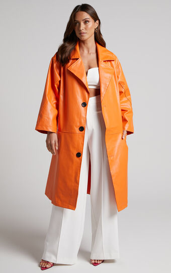 Birdie Trench Coat - Faux Leather Longline Coat in Orange