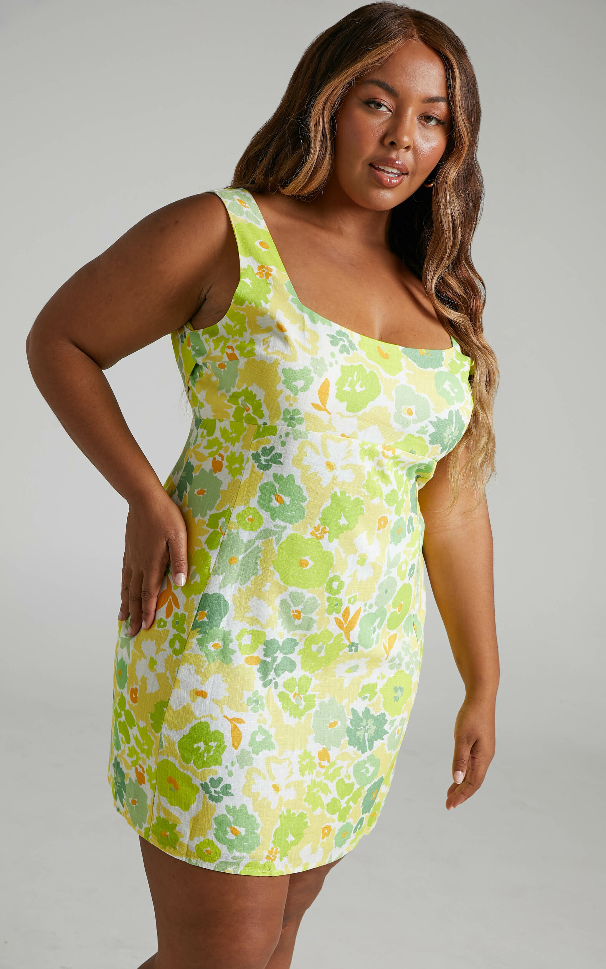 Nikoletta Square Neck Back Cut Out Mini Dress in Pine Lime Print - 04, GRN1, super-hi-res image number null