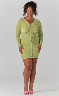 Shanti Ruched Button Front Mini Dress in Green