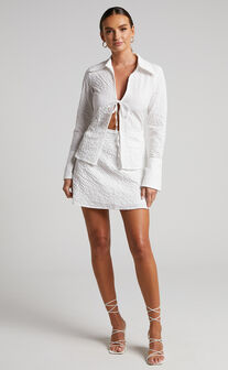 Arabelle Two Piece Set - Tie Front Long Sleeve Top and Mini Skirt in White