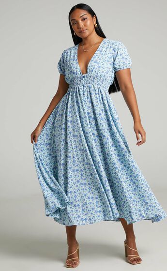 Elenita Shirred Waist Midi Day Dress in Blue Floral