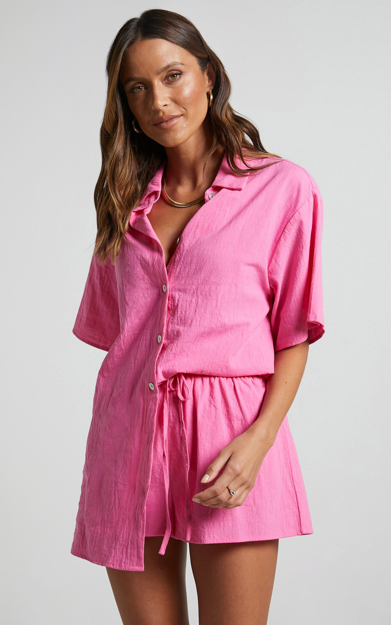 Vina del Mar Button Up Shirt and Shorts Two Piece Set in Hot Pink - 04, PNK1, super-hi-res image number null