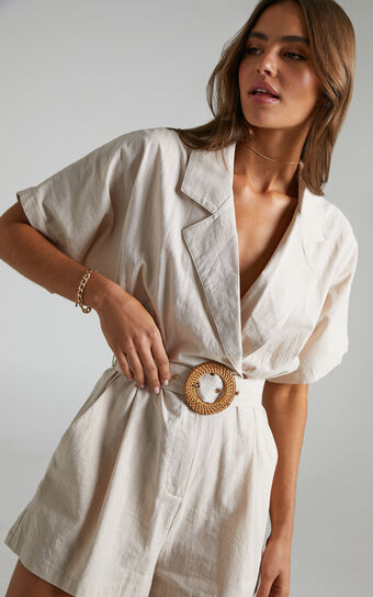 Thaisa Playsuit - Short Sleeve Collared Belted Playsuit in Biscuit