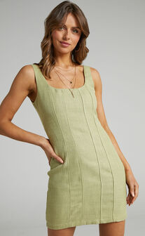 Nimby Mini Panelled Tweed Dress in Green Tweed
