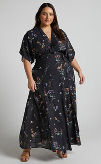 Erenza Midaxi Dress - Extended Sleeve Wrap Dress in Black Flower Field