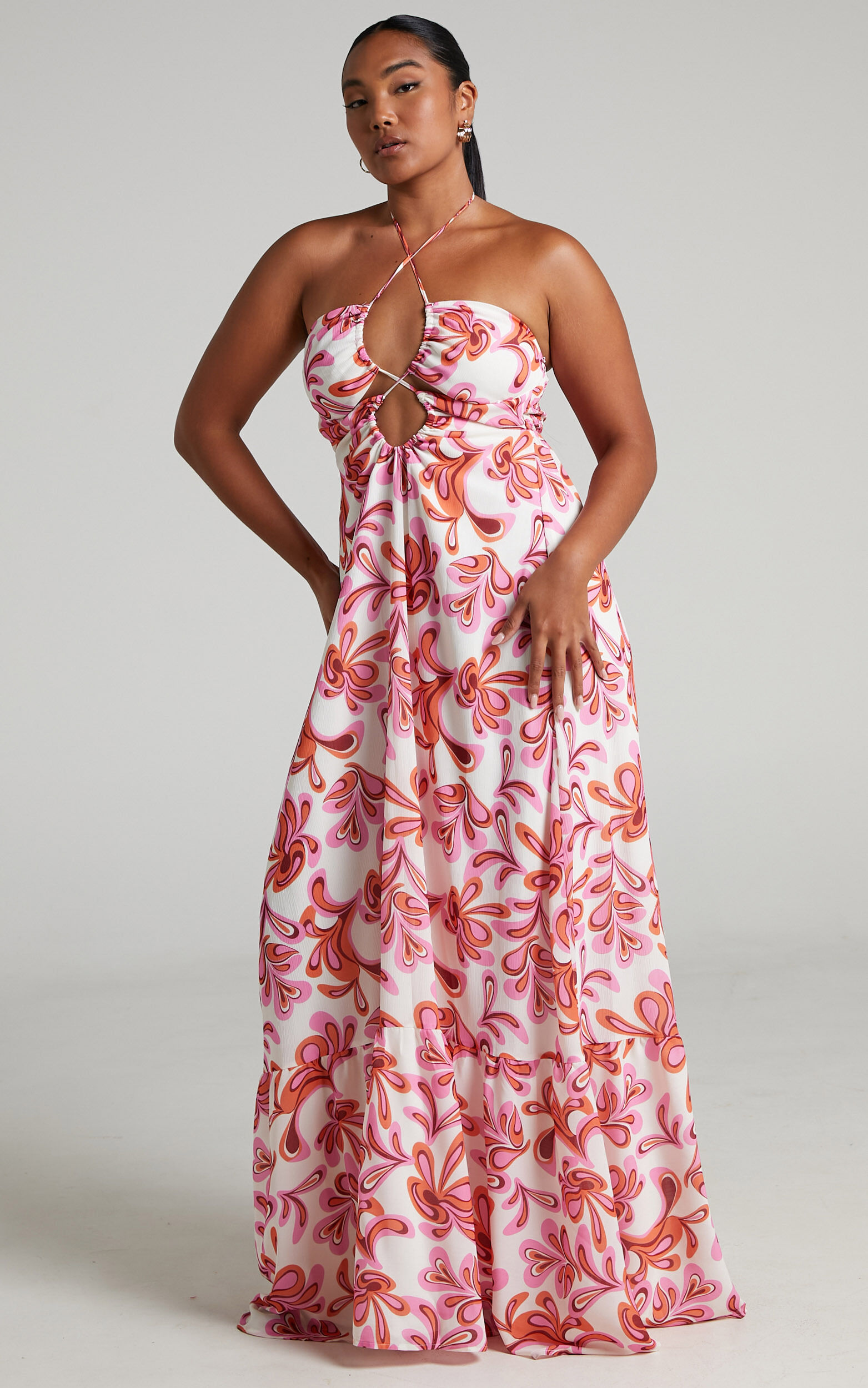 Auroray Cross Front Halter Maxi Dress in Pink Swirl - 06, WHT2, super-hi-res image number null