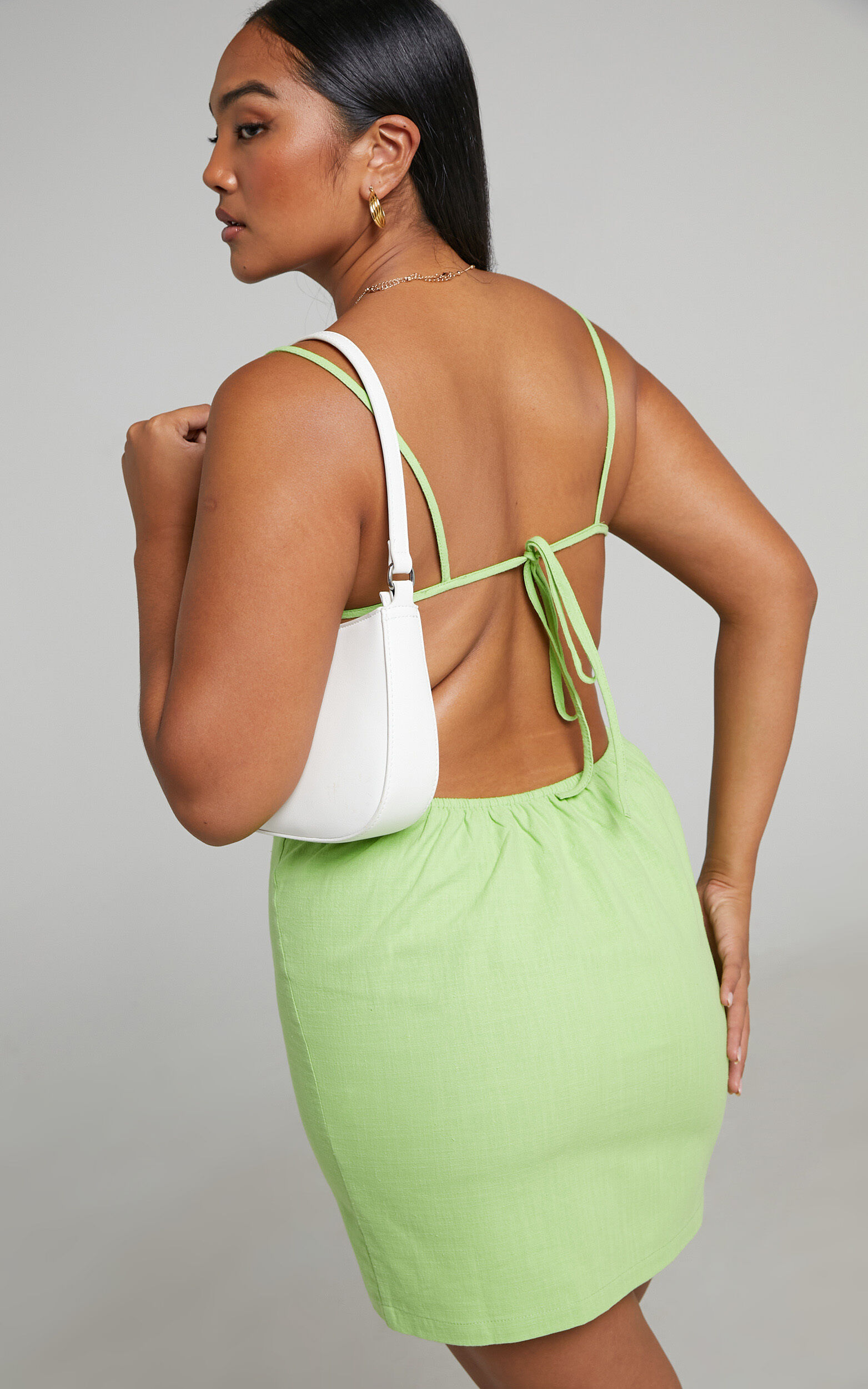 Chaila Gathered Open Back Mini Dress in Cotton in Lime - 06, GRN2, super-hi-res image number null