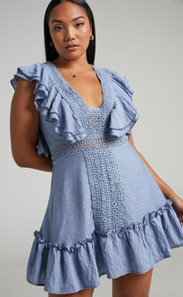 Aldine Ruffle Trimmed Crochet Detail Mini Dress in Steel Blue