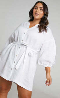Amalie The Label - Bellafleure Linen Balloon Sleeve Relaxed Button Front Mini Dress in White