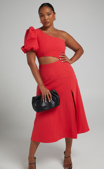 Marcia One Shoulder Midi Dress with Side Cut Out in Red