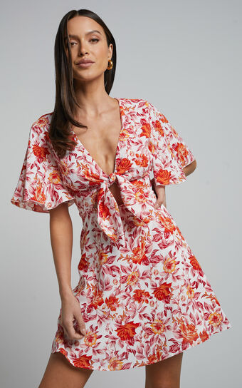 Wynna Tie Front Cut Out Flutter Sleeve Mini Dress in Pink Red Floral