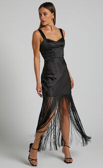 Eiren Midaxi Dress - Corset Bodice Fringe Detail Dress in Black